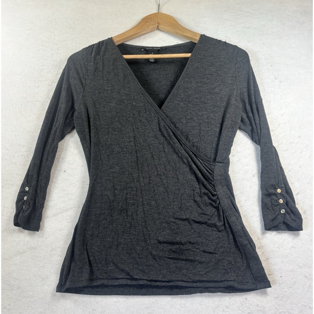 White House Black Market Dark Gray 3/4 Sleeve Ruched Top Silver Button Small